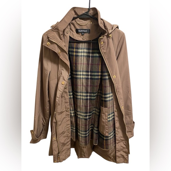 Ellen Tracy Brown Hooded Zippered Snap Front Coat Jacket Sz Small - Picture 8 of 8